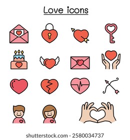 Love icon set in color line style