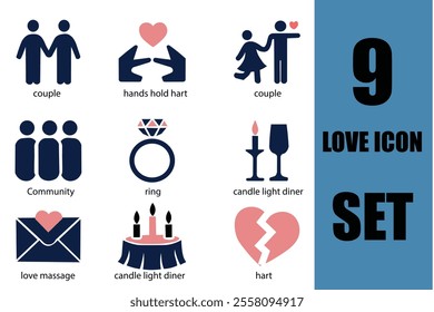 Love icon set. Containing heart, couple, cupid, passion, valentine, online dating icons. Solid icon collection.