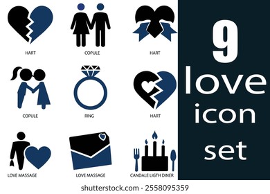 Love icon set. Containing heart, couple, cupid, passion, valentine, online dating icons. Solid icon collection.