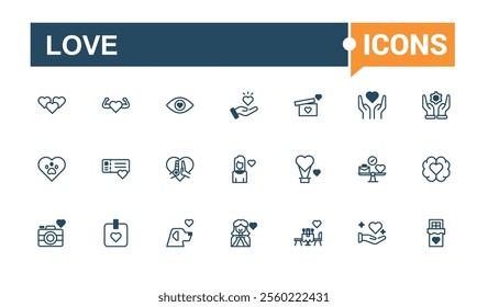 Love icon set. Contains related to friend, care, romantic, valentine, d, day, element and more. Minimal icons. Solid line editable stroke. Vector line and solid icons.