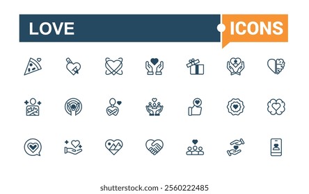 Love icon set. Contains related to friend, care, romantic, valentine, d, day, element and more. Minimal icons. Solid line editable stroke. Vector line and solid icons.