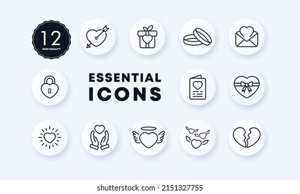 Love icon set. Love correspondence. Date on the calendar. Give a heart. Search for love. Neomorphism style. Vector eps 10