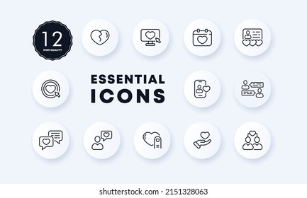 Love icon set. Love correspondence. Date on the calendar. Give a heart. Search for love. Neomorphism style. Vector eps 10