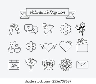 Love icon set featuring heart, couple, cupid, passion, and Valentine icons. Outline thin line icon collection.