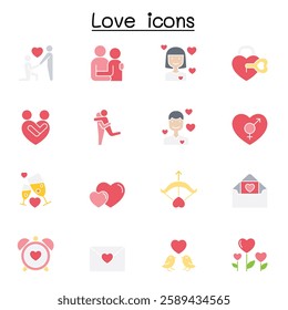 Love icon set in flat color style