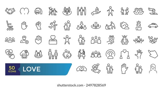 Love icon set. Friendship, care and relationship concept outline icons set. Collection and pack of linear web and ui icons. Editable stroke. Vector illustration.