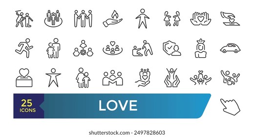 Love icon set. Friendship, care and relationship concept outline icons set. Collection and pack of linear web and ui icons. Editable stroke. Vector illustration.