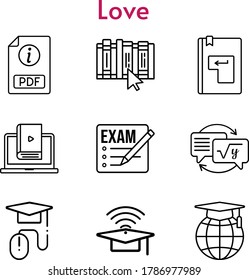 love icon set. included exam, pdf, cap, learn, homework, school, book, elearning, enter icons. linear styles.