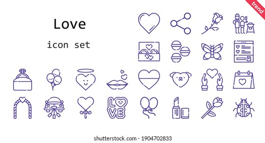love icon set. line icon style. love related icons such as love, wedding ring, father and son, balloons, engagement ring, wishlist, wedding day, ladybug, lollipop, lipstick, macarons, kiss, heart