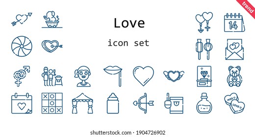 love icon set. line icon style. love related icons such as couple, father and son, potion, gender, candy, feeder, wedding day, lollipop, girl, heart, cupid, diamond, lips, wedding arch, tic tac toe