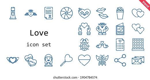 love icon set. line icon style. love related icons such as bride, candy, ladybug, lollipop, kiss, heart, milkshake, wedding planning, diamond, love birds, butterfly, tic tac toe, hearts, love letter