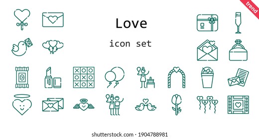love icon set. line icon style. love related icons such as pigeon, gift card, engagement ring, balloons, candy, birch, lollipop, wedding video, lipstick, heart, champagne glass, milkshake