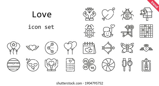 love icon set. line icon style. love related icons such as birdhouse, balloon, bench, candy, balloons, ladybug, lollipop, girl, petals, heart, cupid, wedding planning, diamond, venus, in love
