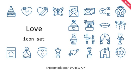 love icon set. line icon style. love related icons such as love, wedding dress, balloons, like, engagement ring, ring, father, sharing, heart, home, cupid, lips, diamond, wedding cake, wedding arch