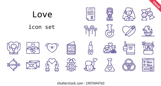 love icon set. line icon style. love related icons such as bride, love, potion, wedding ring, ring, candy, balloons, wishlist, ladybug, lipstick, captain, girl, heart, cupid, rings, love letter