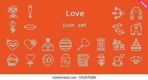 love icon set. line icon style. love related icons such as love, father and son, candy, balloons, like, wedding gift, engagement ring, lollipop, girl, kiss, heart, home, champagne glass, cupid