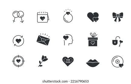 Love  icon set.  Valentine`s day icons like a Romantic Letter, Happy Couple, Gift, Flowers, Ring. Vector illustration on white background