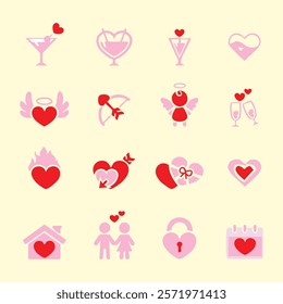 Love  icon set. Valentine's Day, Romance, Romantic date and love proposal. Hearts, Gifts. Isolated icons, objects on a useful background.