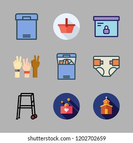 Love Icon Set. Vector Set About Donation, Upermarket, Diaper And Peace Icons Set.