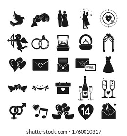love icon set with wedding icons, love doves, love couple, love message