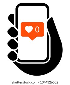 love icon. Vector icon of mobile phone in hand with no likes social media notification