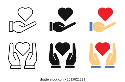 Conjunto de Vector de icono de amor con corazón con símbolos de mano. Regalo con signos de la mano, perfecto para representar el cuidado, el dar y el afecto en varios diseños