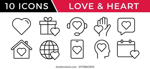 Love icon vector set. Outline heart symbol. Romantic sign