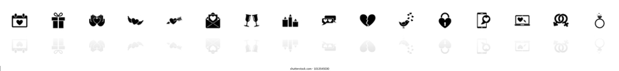 Love icons - Black horizontal Illustration symbol on White Background with a mirror Shadow reflection. Flat Vector Icon.
