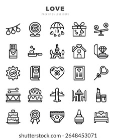 Pacote de ícones de amor. Ícones de estilo linear. Ilustração vetorial.