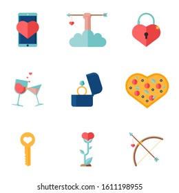 Love icons with cupid arrow, hand, bow, ring and glasses. Love pizza icon. Valentines day elements with symbols of true love and romantic dating. Vector illusutration in flat design