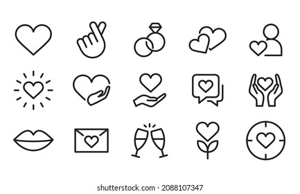 love icons, heart simple pictograms pack, Valentine's Day set. Love Like sign, isolated on white background Editable stroke line symbol logo, vector