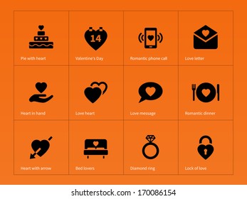 Love icons on orange background. Vector illustration.