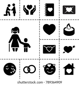 Love icons. set of 13 editable filled love icons such as sleeping emot, engagement ring, marriage proposal, hands holding heart, home with heart, candle
