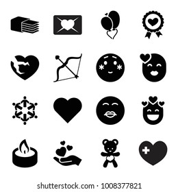 Love icons. set of 16 editable filled love icons such as shy emoji, kiss emot, heart, heart ribbon, bear teddy, bow, candle, roundelay