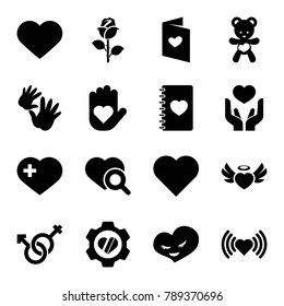 Love icons. set of 16 editable filled love icons such as heart, heart on hand, love letter, male and female, bear teddy, rose