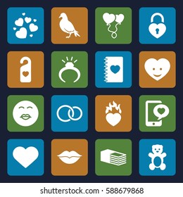 love icons set. Set of 16 love filled icons such as dove, teddy bear, ring, kiss emot, bandage, heart face, notebook with heart, love