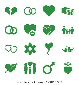 Love icons set. set of 16 love filled icons such as flower, heart with arrow, broken heart, bandage, family, minus favorite, lovebirds, heart baloons, male, rings
