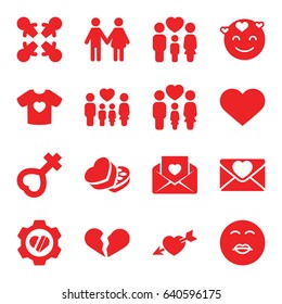 Love icons set. set of 16 love filled icons such as kiss emot, broken heart, heart in gear, family, sweet box, female