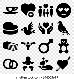 Love icons set. set of 16 love filled icons such as dove, teddy bear, bandage, hands holding heart, family, hand holding heart, add favorite, male, engagement rings