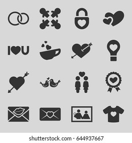 Love icons set. set of 16 love filled icons such as heart with arrow, t-shirt with heart, women couple, love letter, rings, roundelay