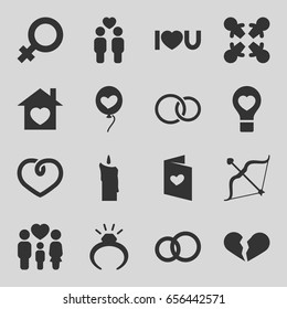 Love icons set. set of 16 love filled icons such as female, ring, broken heart, family, gay couple, home with heart, bow, rings, candle, engagement ring