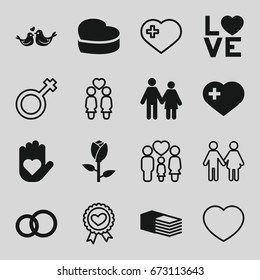 Love icons set. set of 16 love filled and outline icons such as rose, heart with cross, bandage, love word, lovebirds, heart cake,  family, male, couple