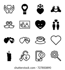 Love icons set. set of 16 love filled and outline icons such as couple, heart face, bulb heart, i love you, candle, lollipop