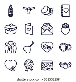 Love icons set. Set of 16 Love outline icons such as family, heart ribbon, gear heart, add favorite, love letter, candle, sweet box