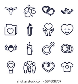 love icons set. Set of 16 love outline icons such as heart on hand, t-shirt with heart, family, lovebirds, male, engagement rings