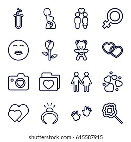 Love icons set. set of 16 love outline icons such as rose, baby hands, female, ring, lollipop, couple, heart with camera, folder with heart, heart, bear teddy, pregnant woman