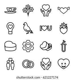 Love icons set. set of 16 love outline icons such as dove, heart in gear, heart on hand, gay couple, I love you, sweet box, engagement rings
