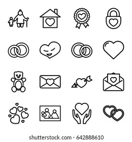 Love icons set. set of 16 love outline icons such as teddy bear, heart, heart ribbon, love letter, engagement rings, engagement ring, old woman and child