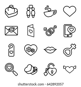 Love icons set. set of 16 love outline icons such as women couple, gear heart, phone with heart, male and female, sweet box, female