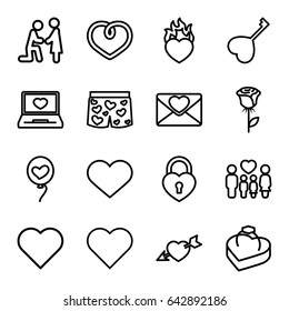 Love icons set. set of 16 love outline icons such as family, laptop with heart, heart, love letter, ring in box, rose